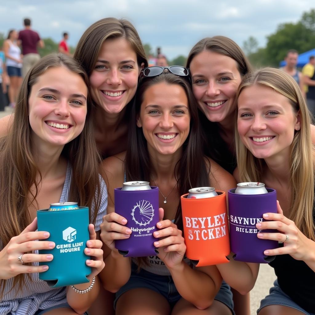 People holding free koozies at an event