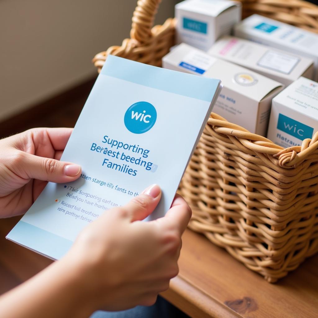 A woman holds a WIC brochure next to a basket of breast milk storage bags.