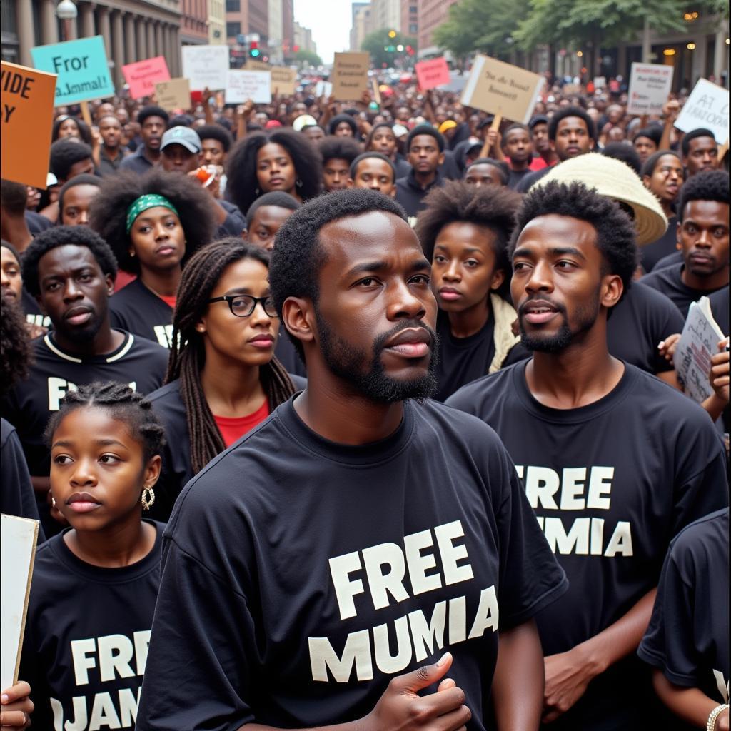 Protestors wearing Free Mumia Shirts