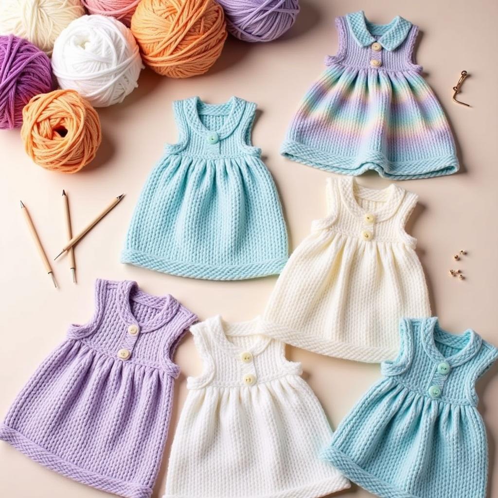 Knitting patterns for a newborn dress laid out on a table with yarn and needles