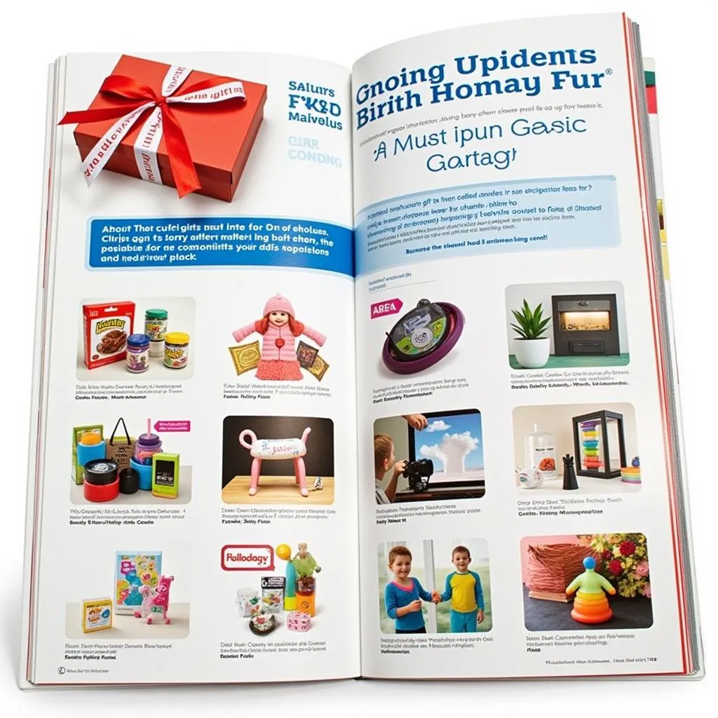 A close-up shot of a free novelty gift catalog open to a page with unique and quirky gifts.