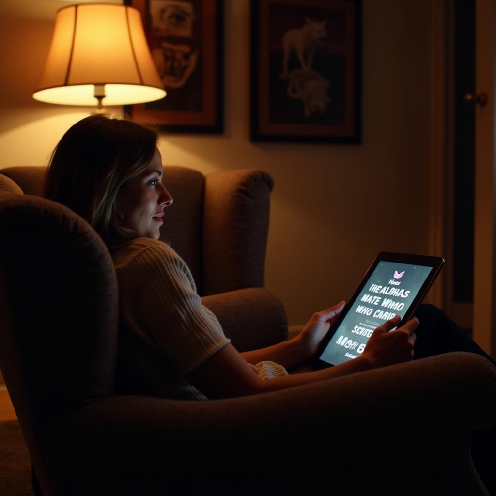 Woman reading on tablet in a cozy setting