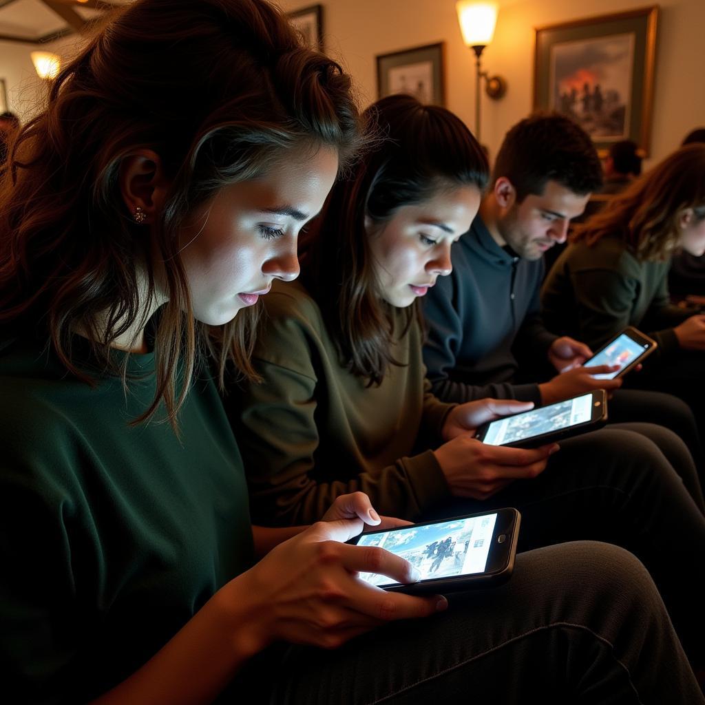 Readers immersed in zombie stories on their devices.