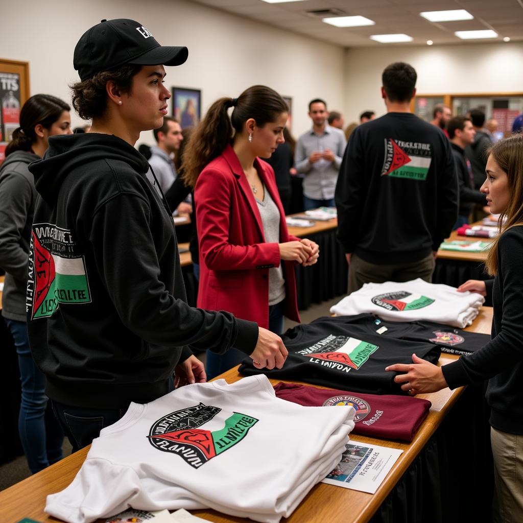 A booth selling Free Palestine long sleeve shirts at a fundraiser