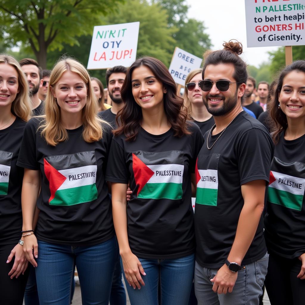 People wearing Free Palestine t-shirts at a protest