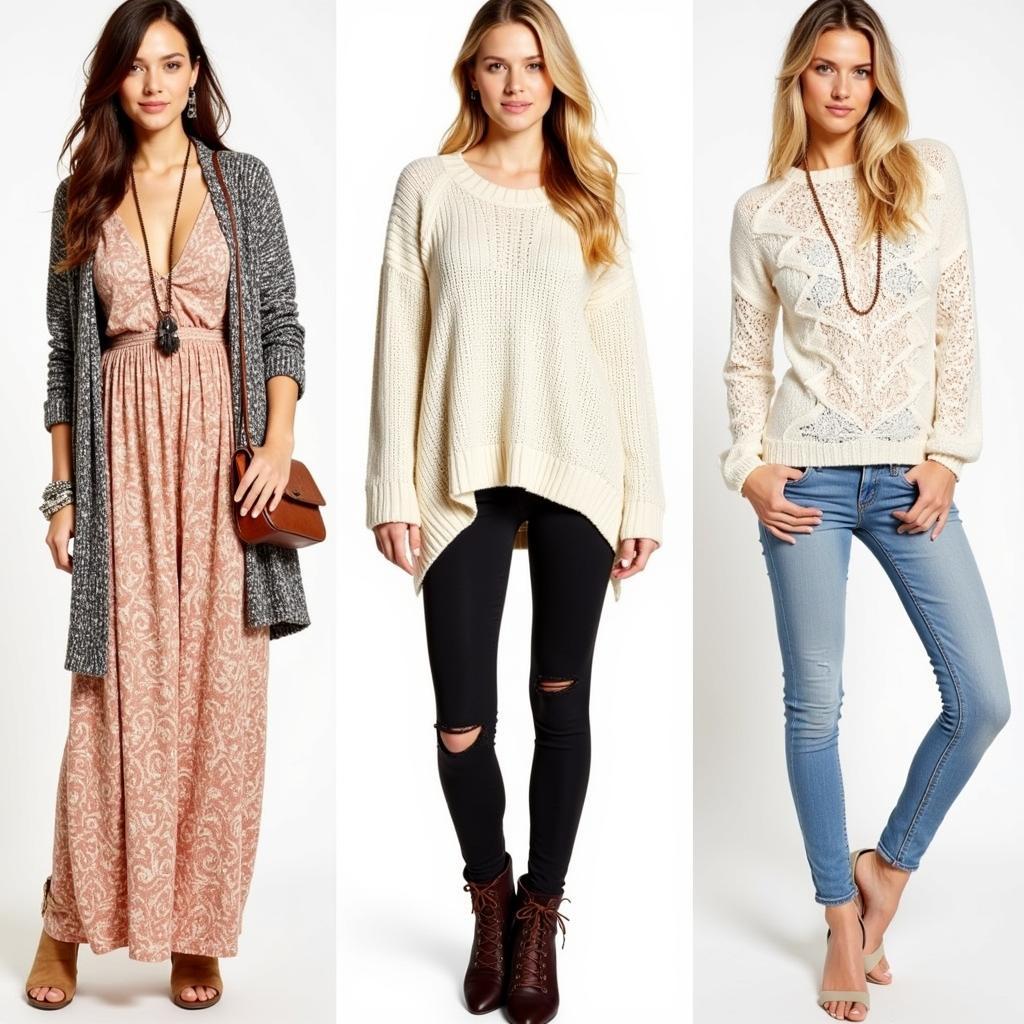 Women modeling Free People inspired sweaters in various settings