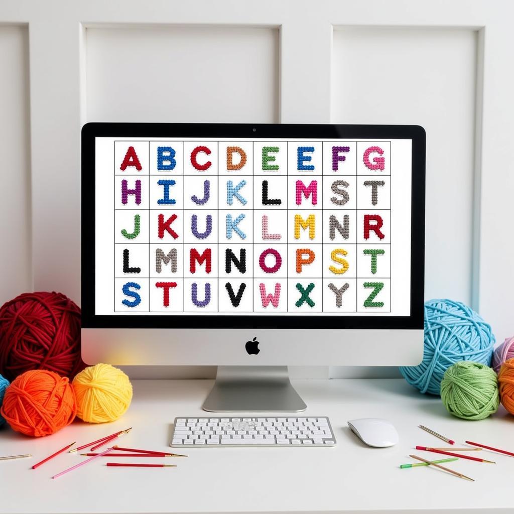 Free plastic canvas letter patterns showcased on a digital screen, surrounded by colorful yarn and needles.