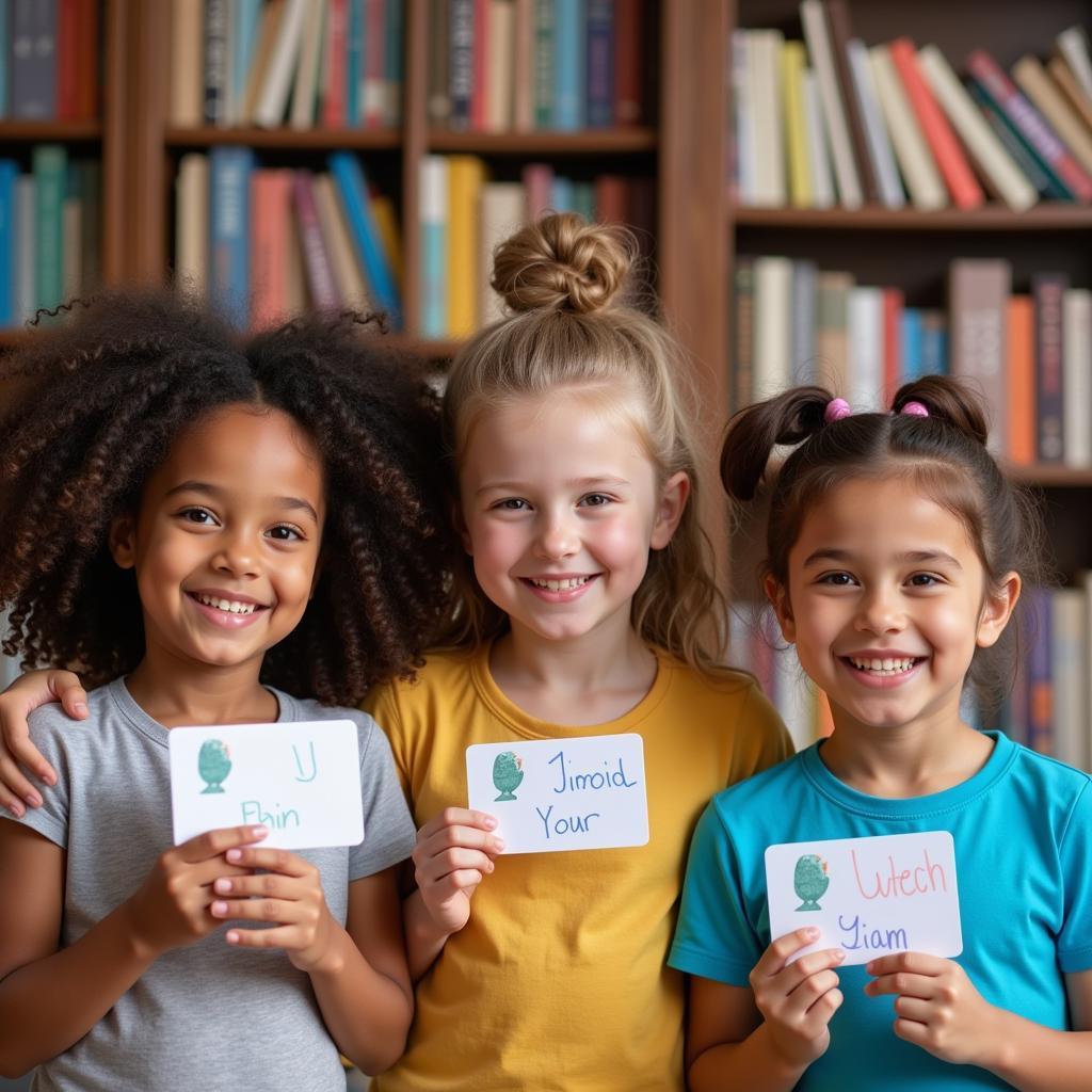 Kids holding their own free printable library cards, excited to borrow books