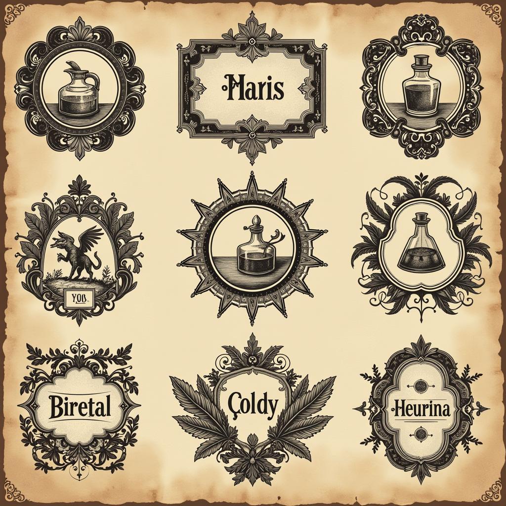 Vintage potion labels with intricate designs and aged parchment background