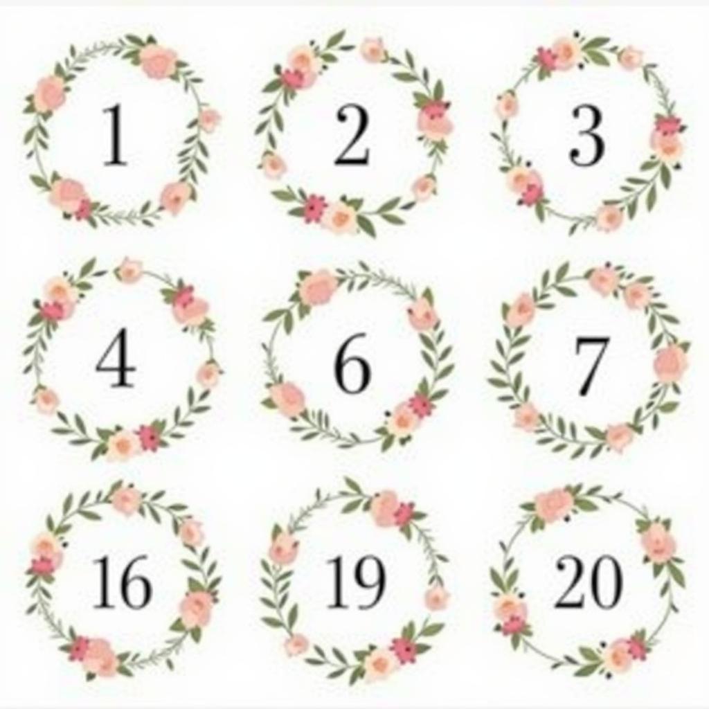 Free printable table numbers with a floral design