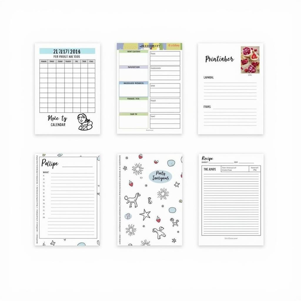 A variety of free printable templates in PDF format, including calendars, planners, invitations, and educational materials.