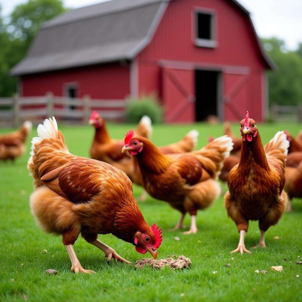 Hens Foraging on a Free Range Farm