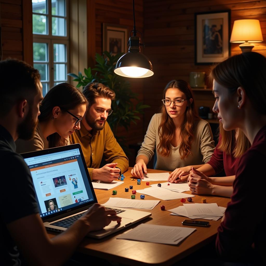 Tabletop RPG players gathered around a table, browsing free resources on a laptop.