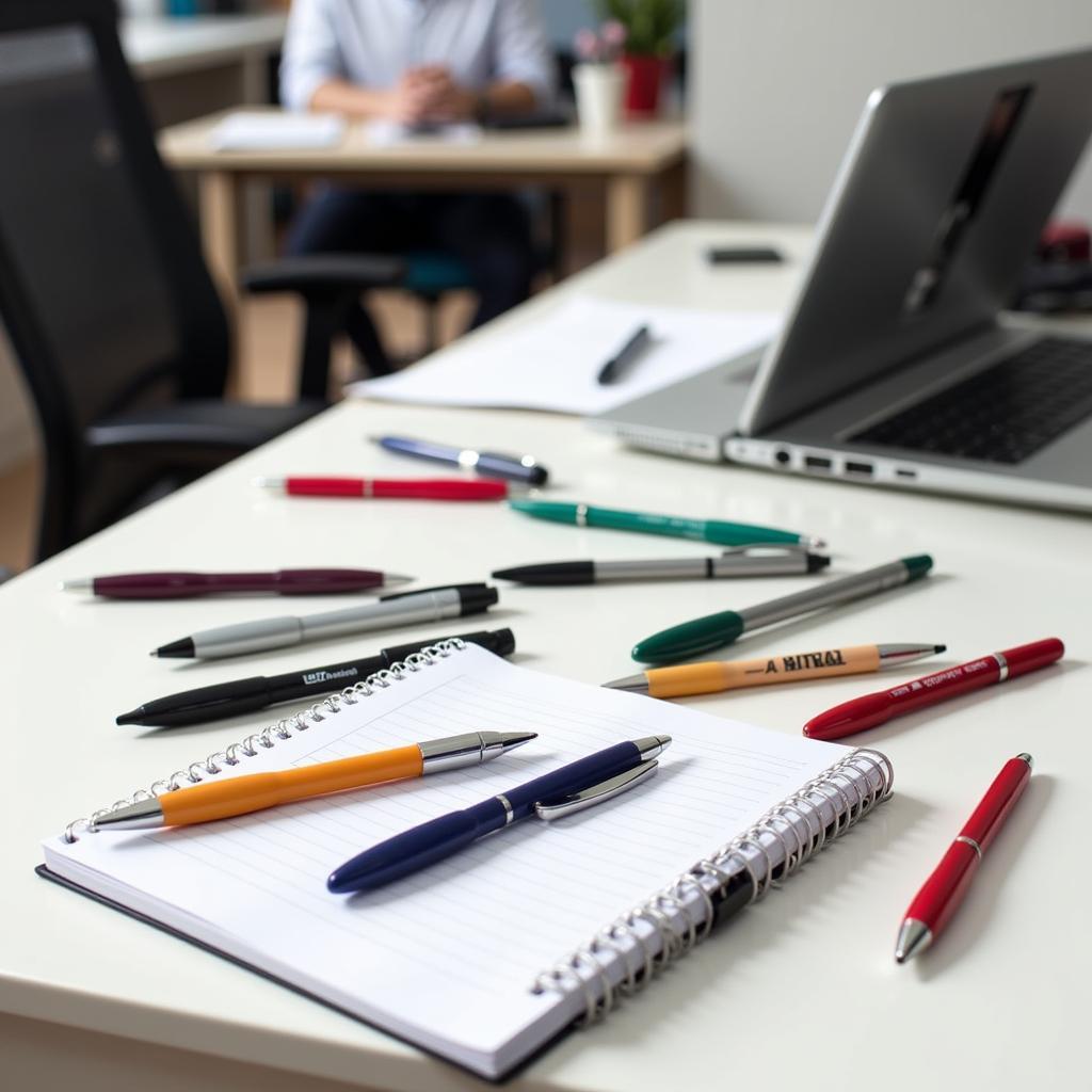 Free sample pens on a desk in an office setting