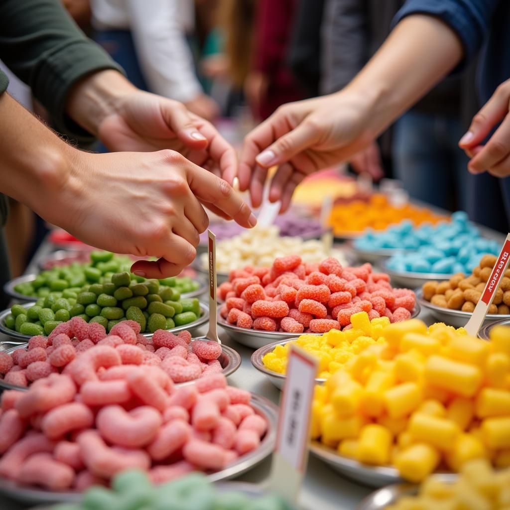 Customers trying free candy samples at a store