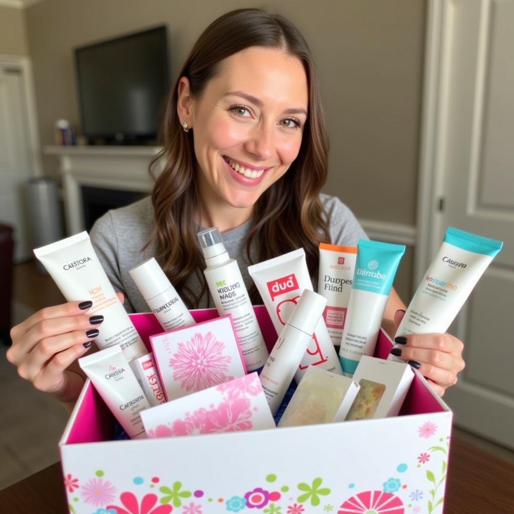 Woman smiling and holding a beauty box filled with free samples