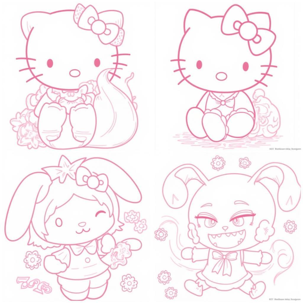 A collection of free Sanrio coloring pages featuring Hello Kitty, My Melody, and Kuromi.