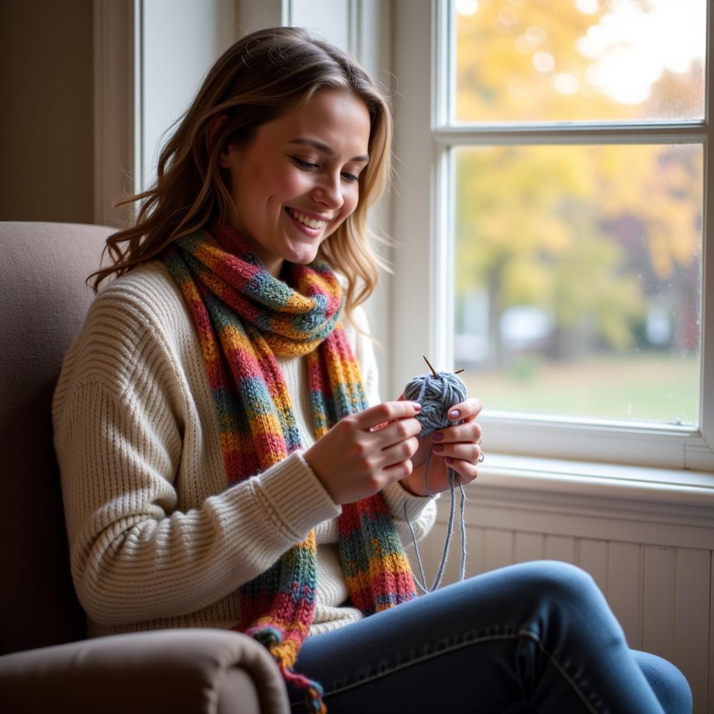 Woman Knitting a Scarf with One Skein of Yarn