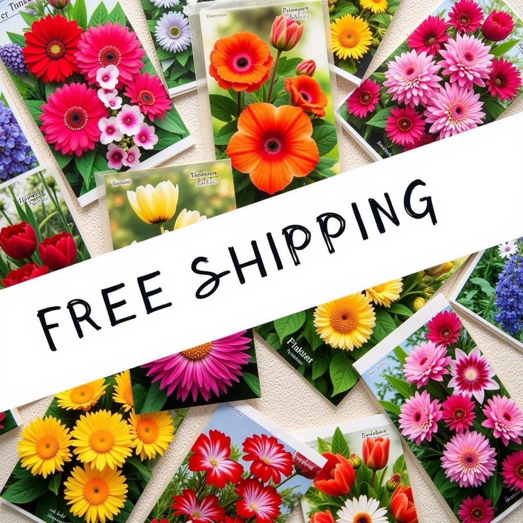 Colorful flower seeds in packets with a "Free Shipping" banner