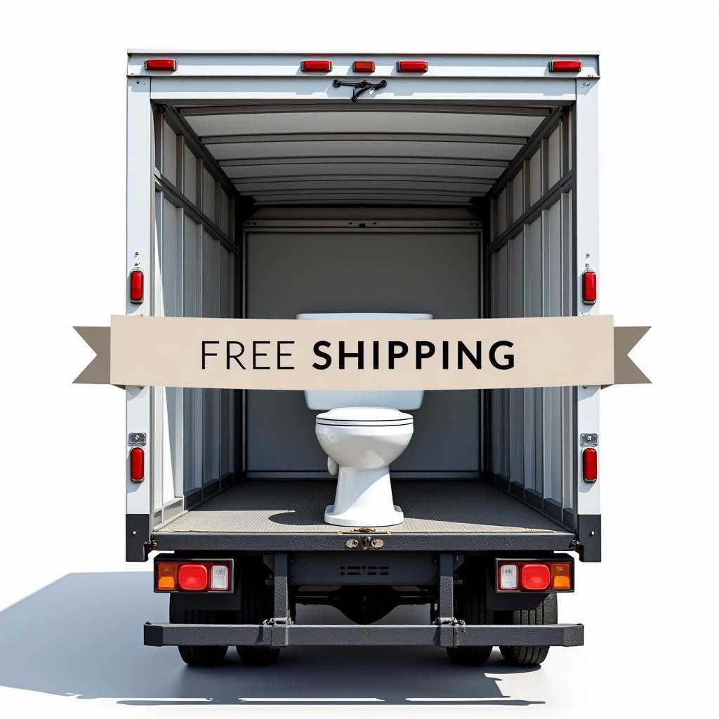 Delivery truck with a toilet in the back and a "Free Shipping" banner