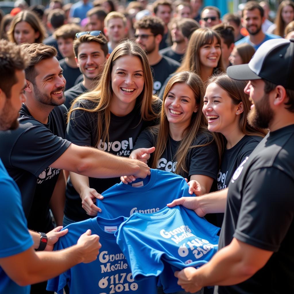 People at an event receiving free shirts