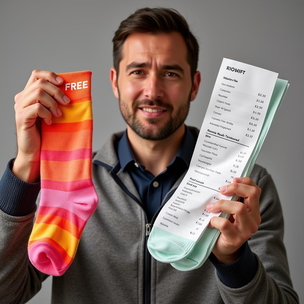 Man holding a pair of free socks with a worried expression