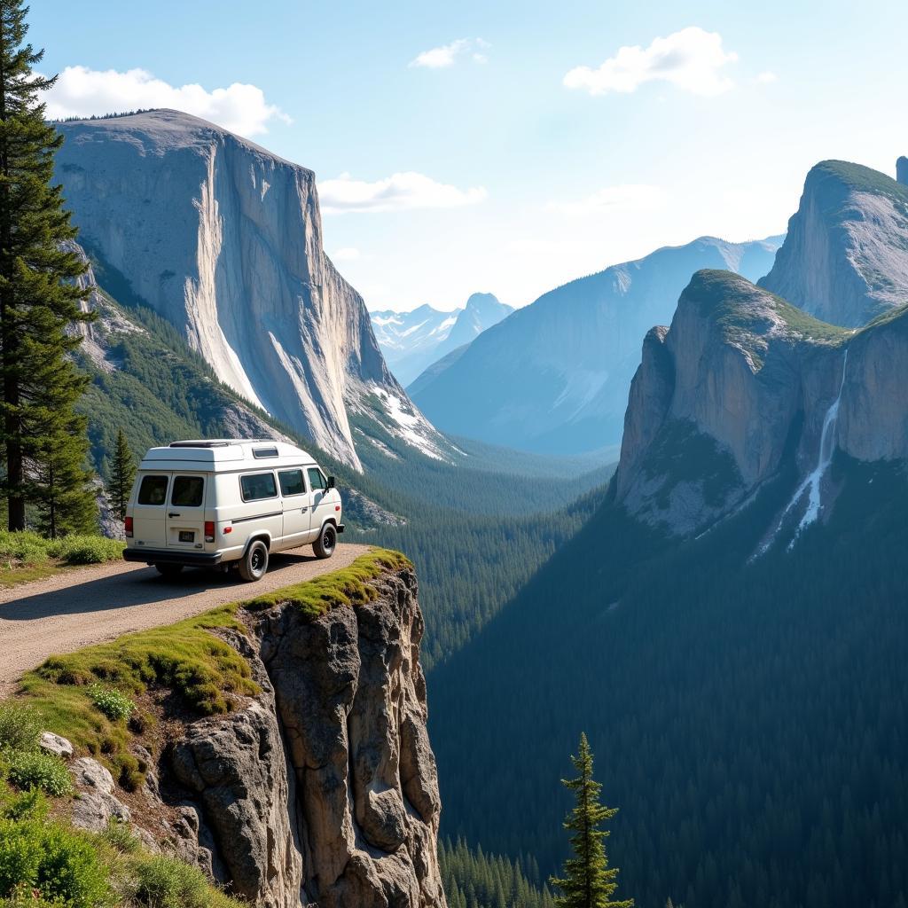 Free spirit camper van parked with a mountain view