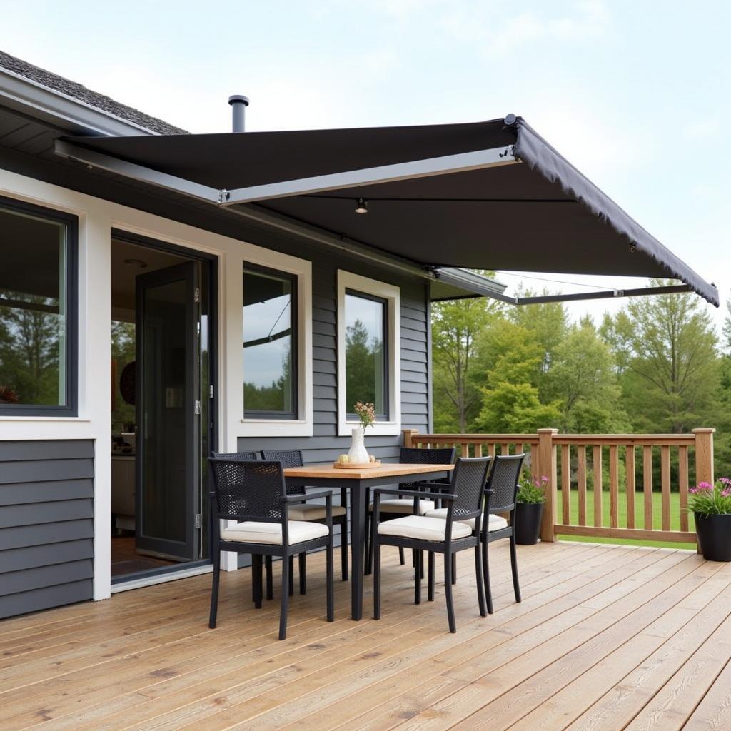 Modern Free Standing Awning Providing Shade for a Wooden Deck