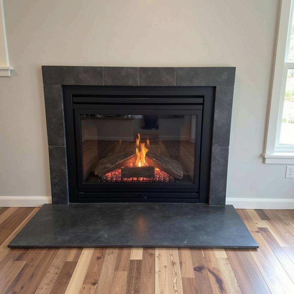 Free-standing direct vent propane fireplace being installed in a living room