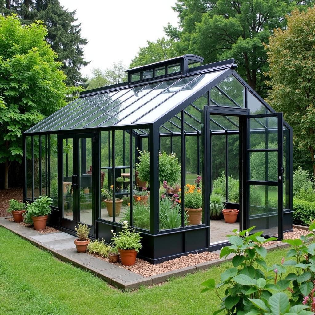 Free-standing greenhouse made of glass with metal frame surrounded by lush greenery