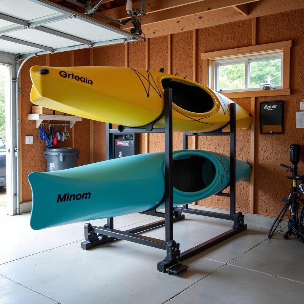 Free-standing kayak rack in garage storage