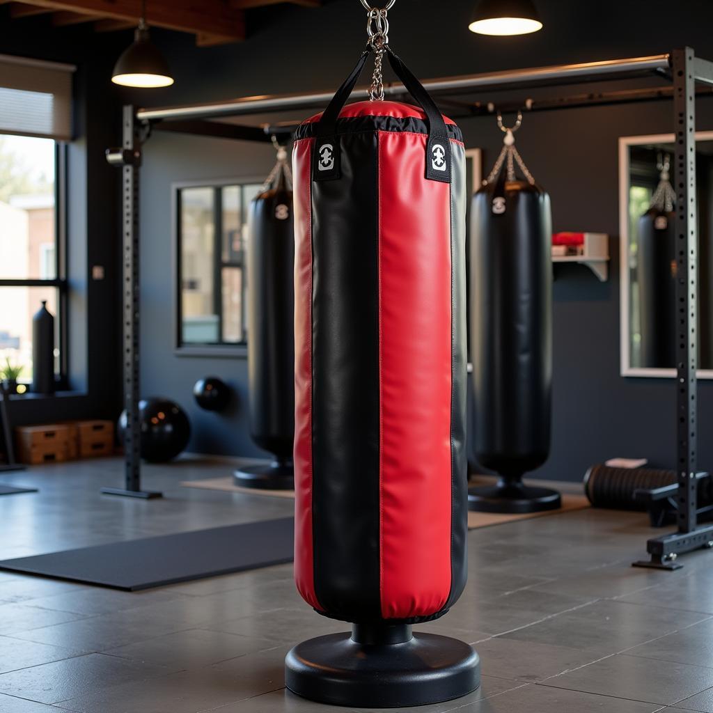 Free standing kickboxing bag in a home gym setting