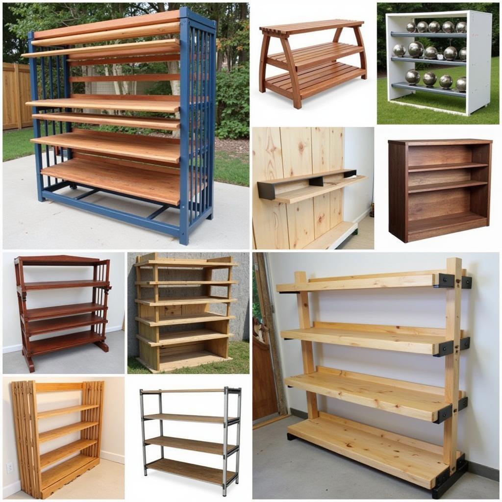 Various free standing lumber storage rack designs