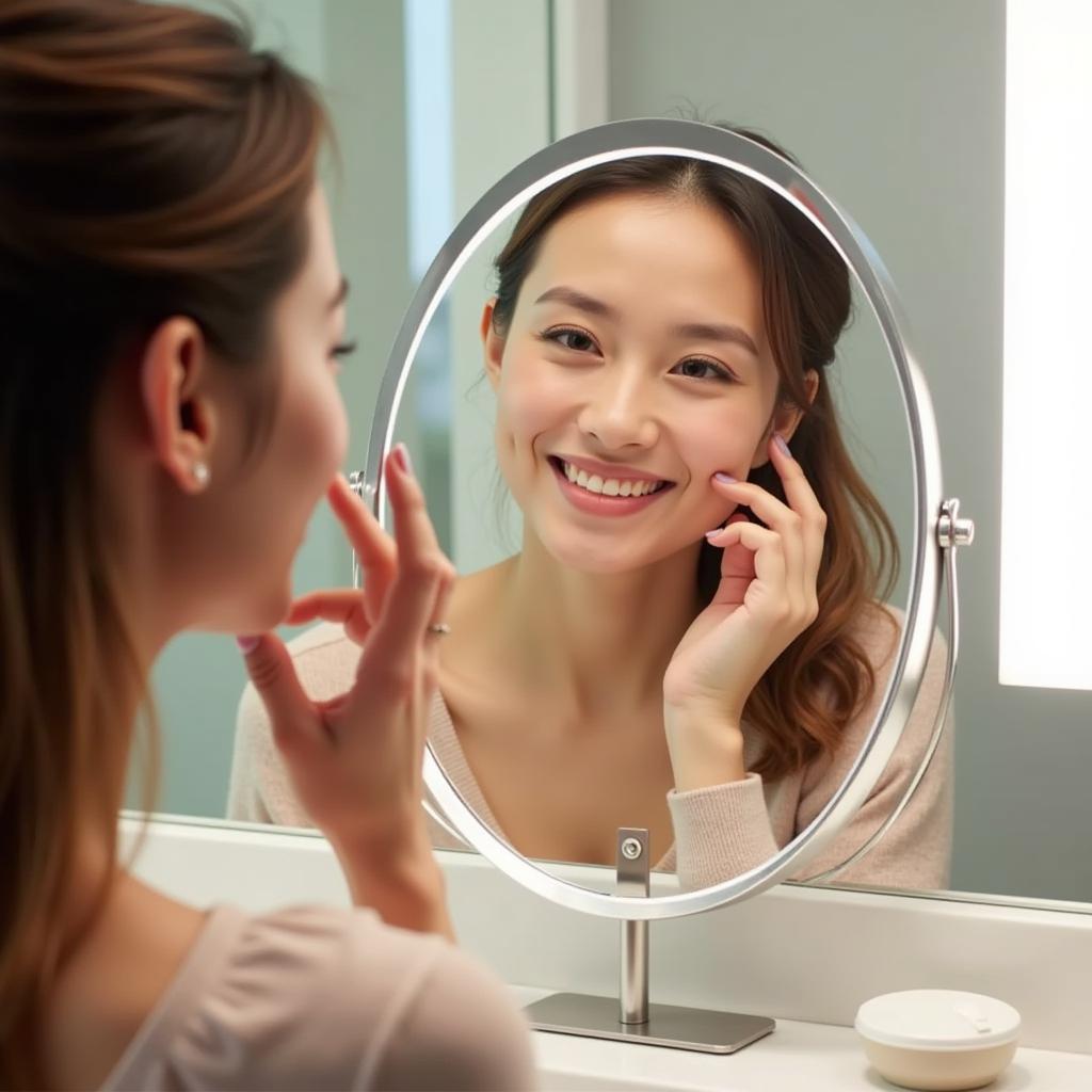 woman using a free-standing cosmetic mirror in a well-lit bathroom