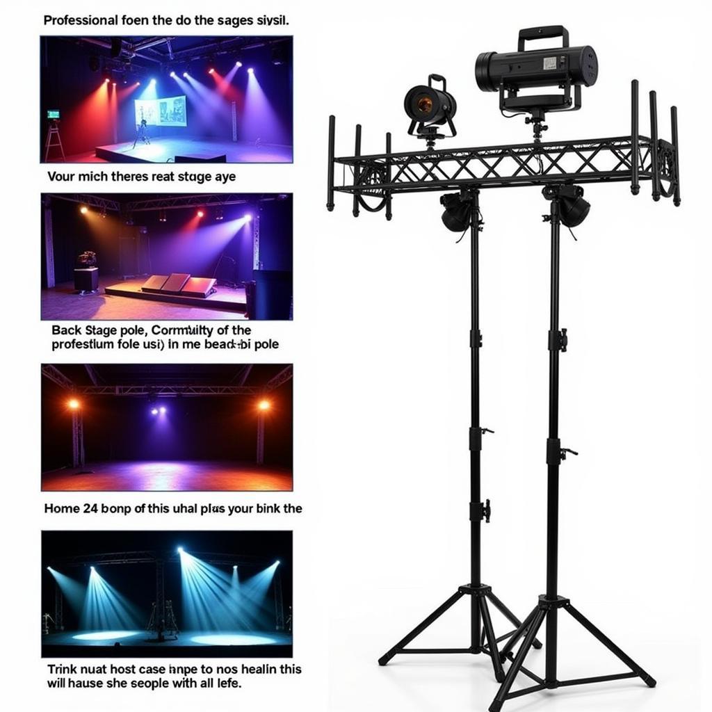 A free-standing stage pole setup with lighting fixtures and a backdrop