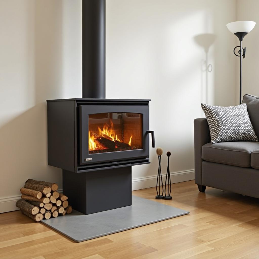 Free Standing Wood Burning Fireplace in a Cozy Living Room