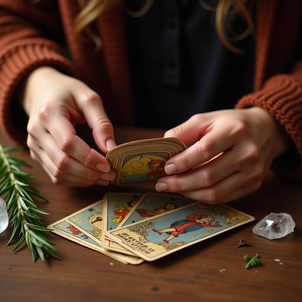 Woman shuffling tarot cards for a love reading