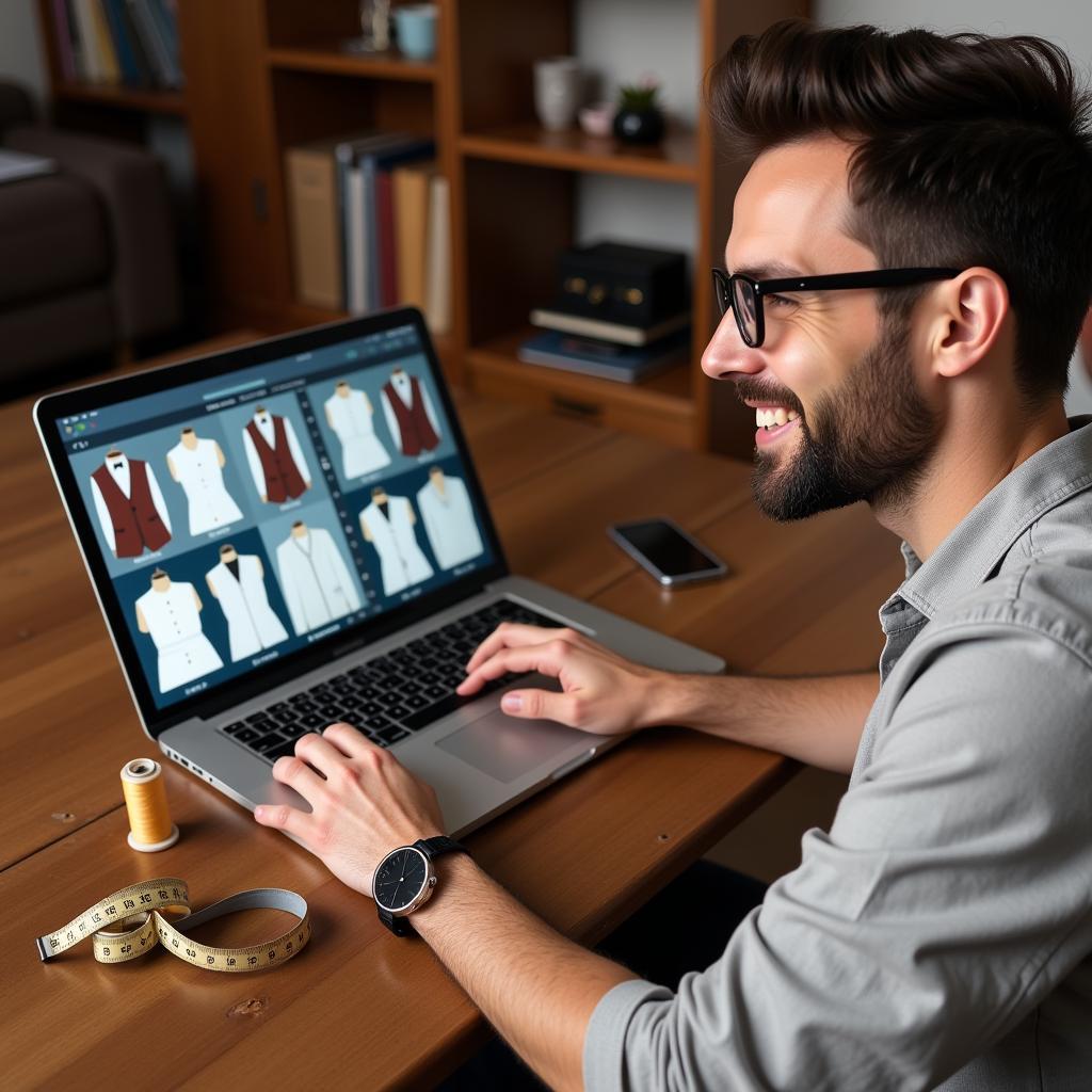 Men browsing free vest sewing patterns on a laptop