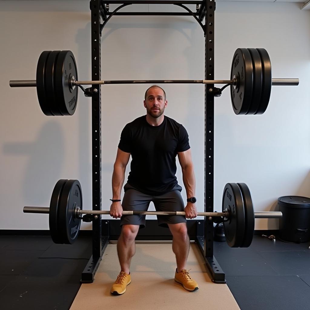 Man performing squats with a free weight rack