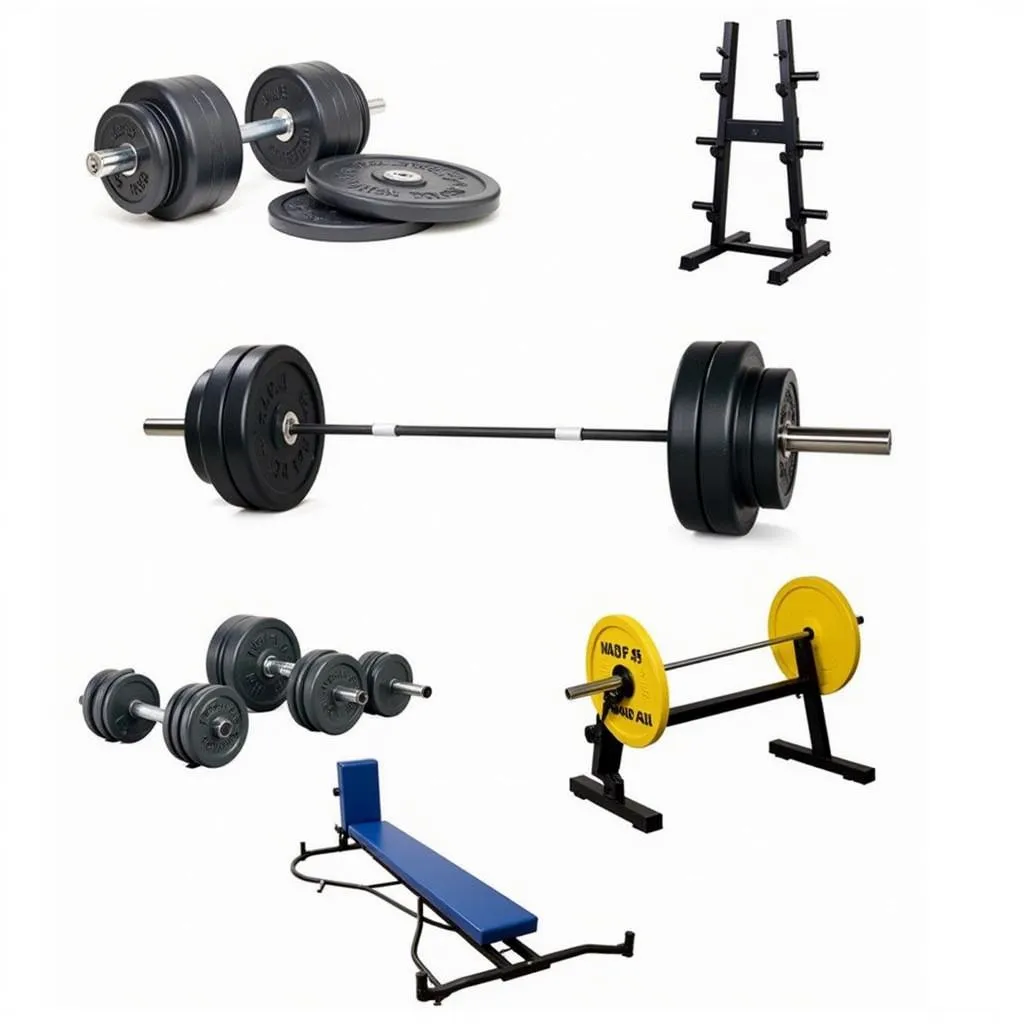 Free weight set and rack with barbell and dumbbells