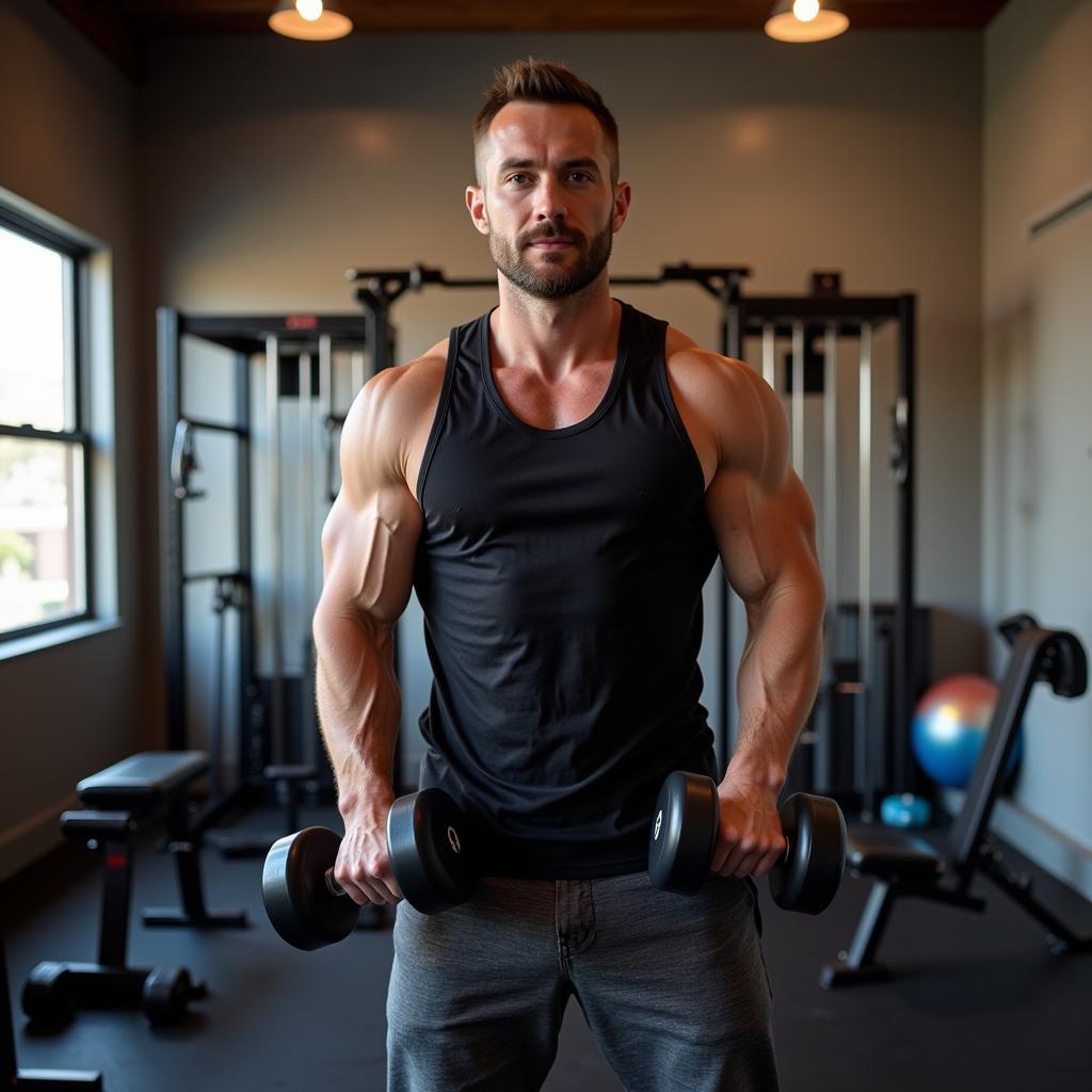 Man lifting free weights in a home gym setup