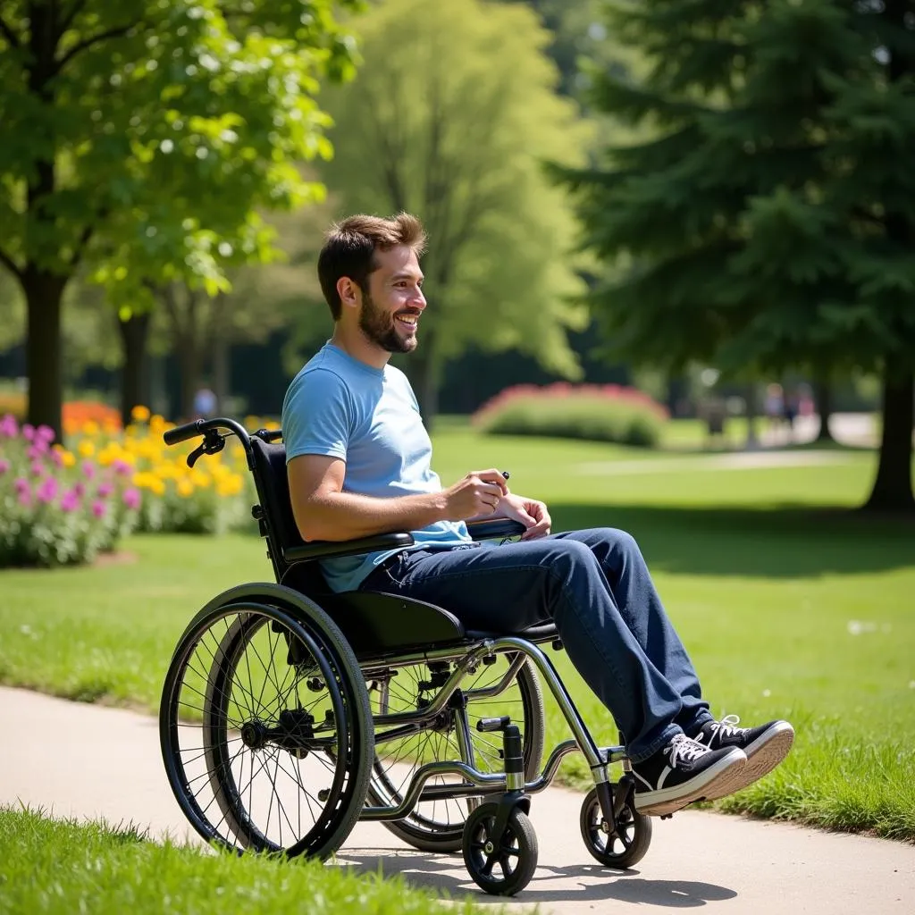 A free wheel wheelchair user enjoying a stroll in the park