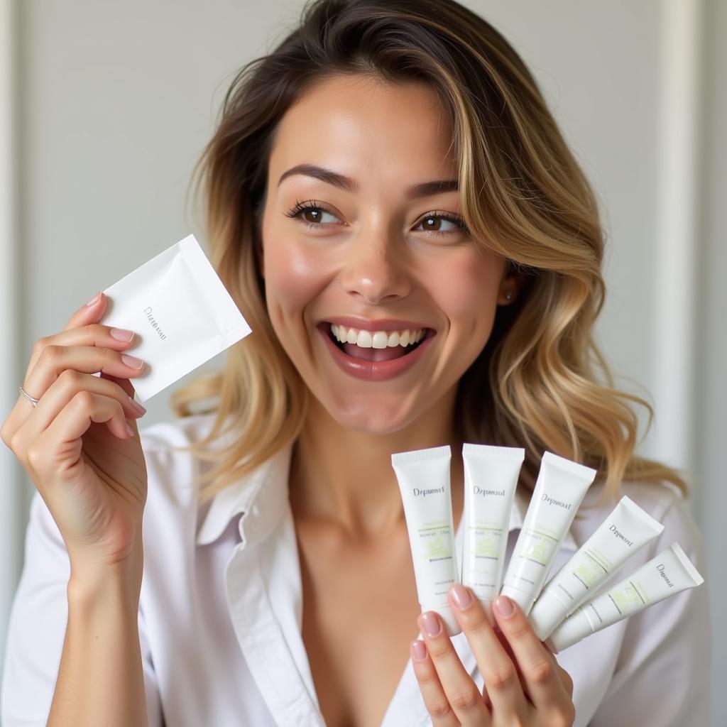 Woman trying different wrinkle creams from sample jars