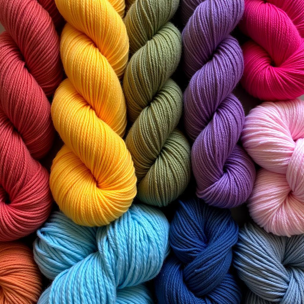 Colorful yarn samples in various textures.