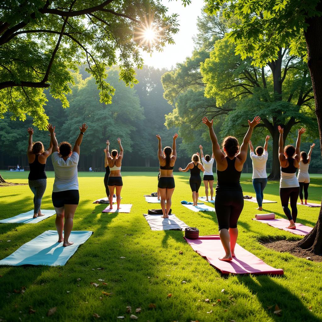 Free yoga class in progress at a park in Nashville