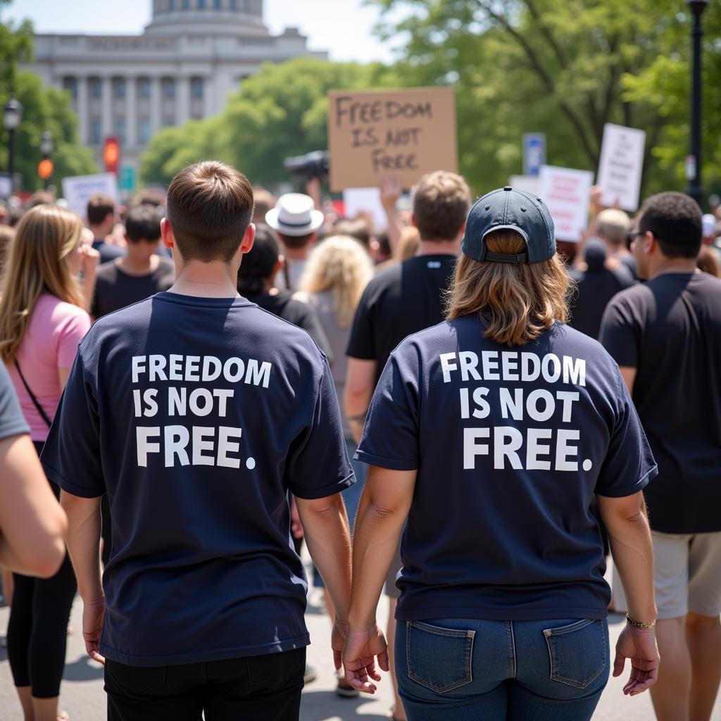 Protestors holding signs and wearing "Freedom Is Not Free" t-shirts