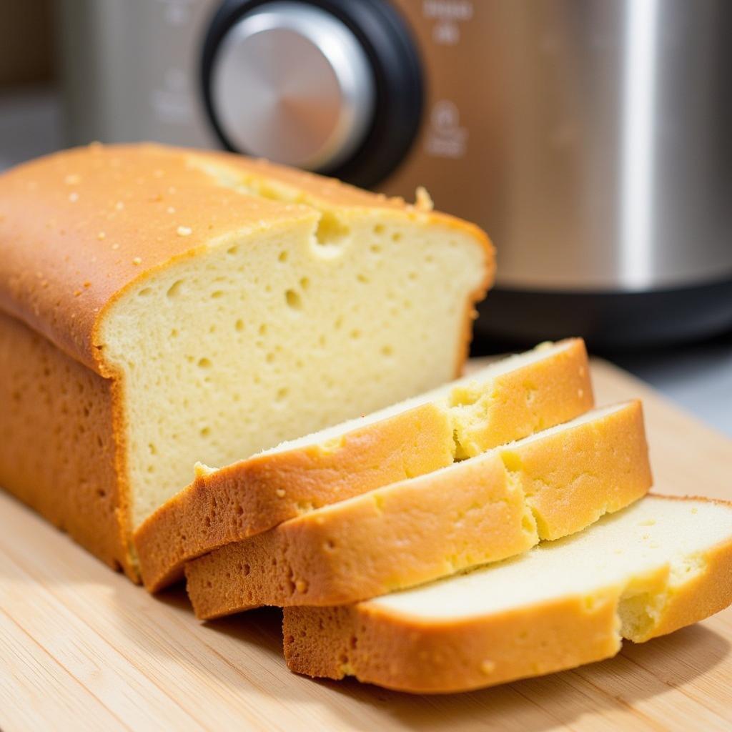 A freshly baked loaf of gluten-free bread from a bread machine