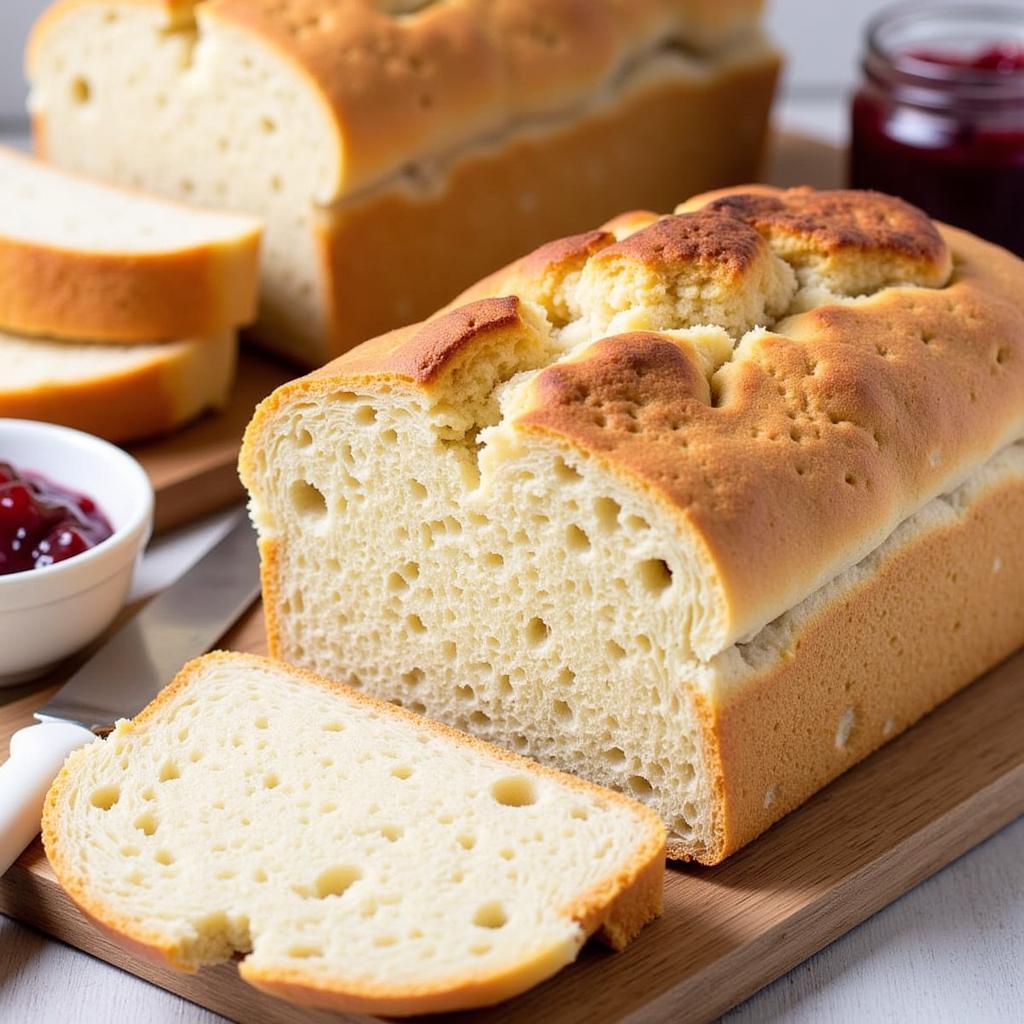 A loaf of golden-brown gluten-free sourdough bread on a cooling rack