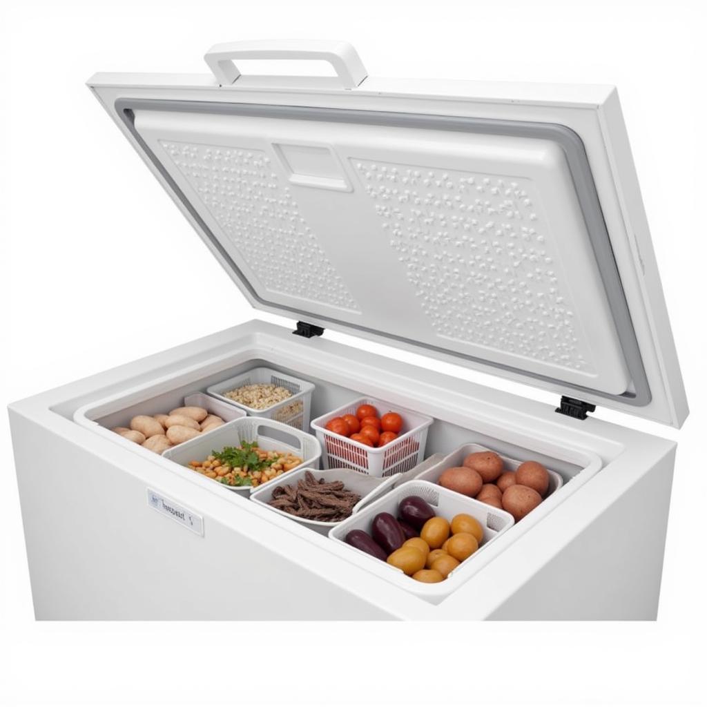 A white frost-free chest freezer with storage baskets