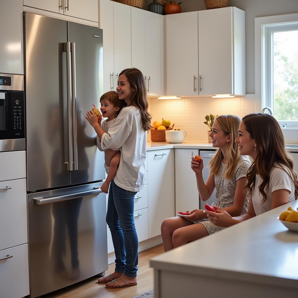 Family Enjoying Frozen Treats Near Their Upright Freezer